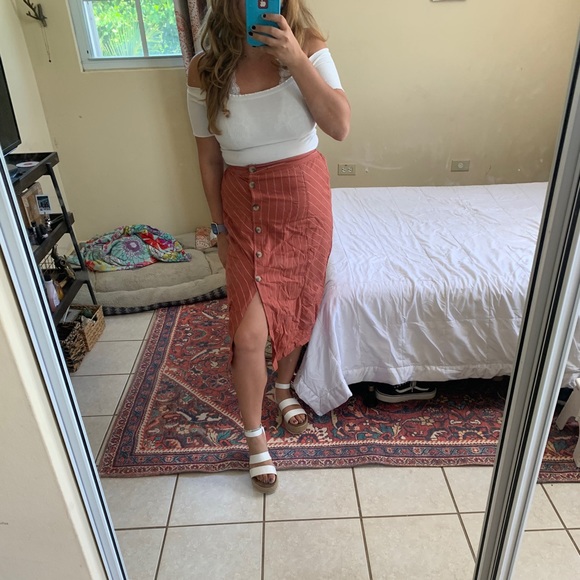 Rust Orange with White Stripes Button Midi Skirt - Picture 2 of 3